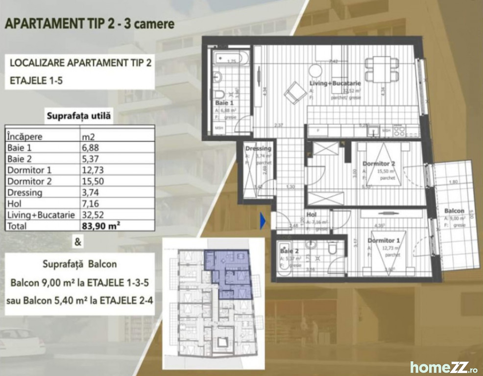 Apartament 3 camere, Semicentral