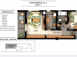 Apartament 2 camere, 64.29 mp, in ansamblu rezidential, zona