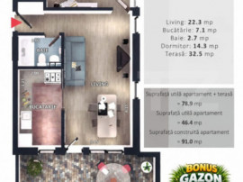 Apartament 2 camere, decomandat, CF, terasa, parcare subtera
