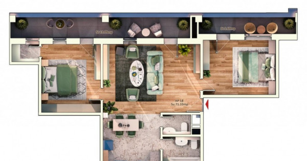 Apartament 3 camere, 2 bai, 71 mp, 24 mp balcon, parcare sub