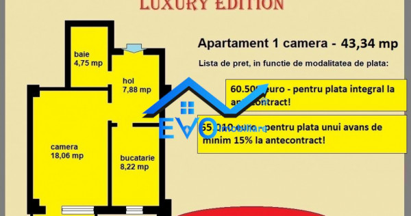 Apartament 1 camera, 43,34 mp, decomandat, de in Galata Ias