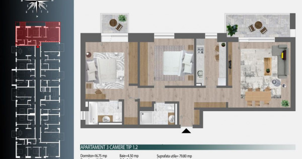 3 camere Decomandat Nou Finalizat Mobilat 6 minute Metrou