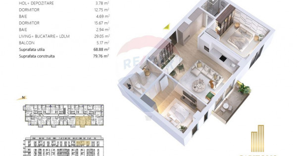 Apartament cu 3 camere, orientare V, etaj 6, Capitolis Re...