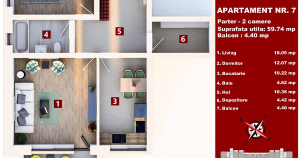 Apartament cu 2 camere decomandat 60 mp utili + balcon