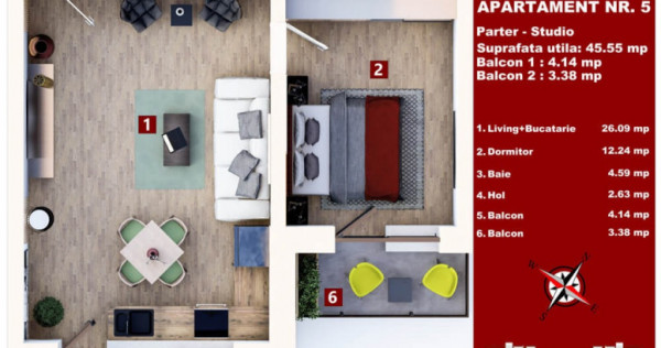 Studio 45 mp + 2 balcoane prin credit