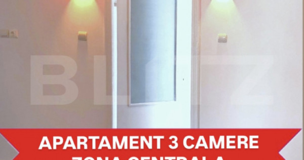 Apartament 3 dormitoare + balcon, 68 mp, zona Centrala