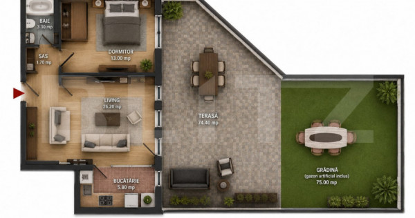 Apartament 2 camere, CF, terasă spectaculoasă 75 mp, Zona