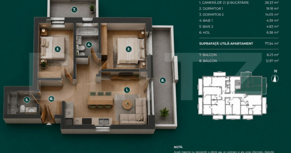 Apartament 3 camere / 2 Balcoane / nZEB / Buna Ziua