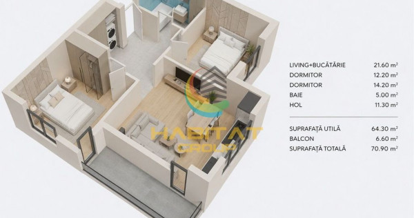 Apartament 3 camere | 77 mp - Popești Leordeni | Metrou Berceni