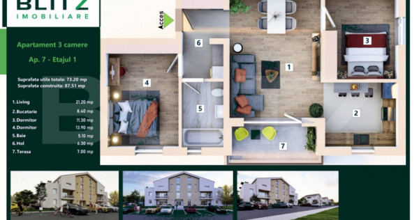 Apartament 3 camere, bloc tip vila P + 2, Sanpetru