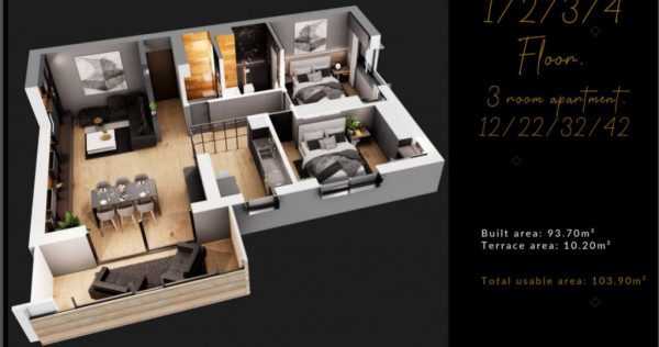Apartament 3 Camere cu Balcon de 10 Mp in Bloc 2024 - Zona B