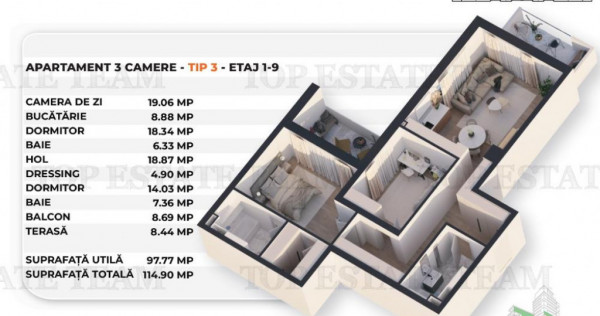 Apartament 3 Camere cu dressing, terasa si balcon, Zona Raho