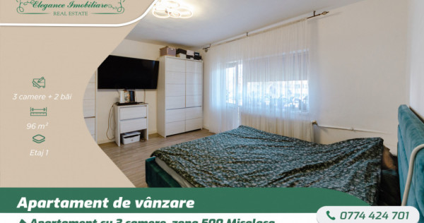 Apartament cu 3 camere, 2 bai și 2 balcoane zona 500 Mical