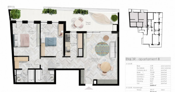 Apartament cu 3 camere, 2 bai, 88 mp, terasa 30 mp, Parcul C