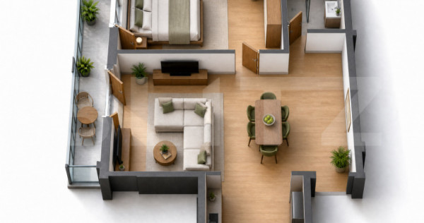 Apartament nou cu C.F., 2 camere, 56 mp utili, terasă, Măr