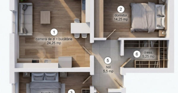 Apartament cu 3 camere, dressing și balcon, etajul 1