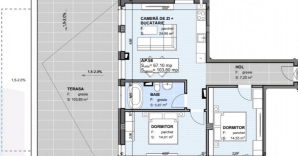 Apartament 3 camere 67.1 mp, Terasa 103.8 mp Semifinisat, Es