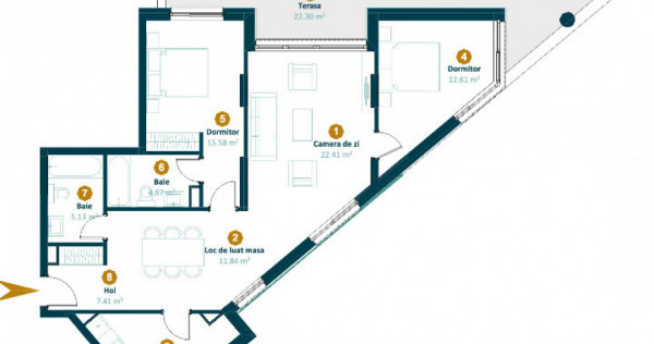 Apartament 3 camere 88,2 mp, terasa 30,3, ansamblu Intre Lac