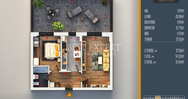 2 Camere Decomandat | Terasă 37 mp | 91 mp Total | Direct D
