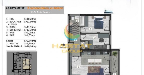 Apartament 3 camere + balcon in Popesti Leordeni