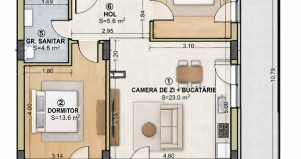 Apartament 3 camere 60 mp terasa 28.5 in Floresti zona Eroil