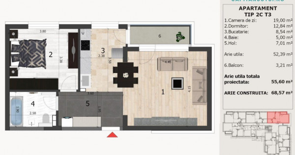 Negru Voda: Apartament 2 cam, confort 1, Central, langa padu