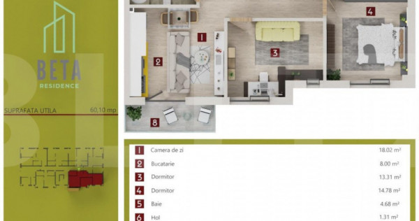 Apartament 3 camere, semifinisat, TVA Inclus, ansamblul Beta