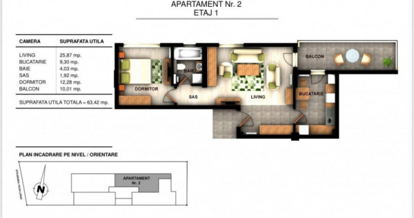 Apartament 2 camere, 63.42 mp, in ansamblu rezidential, zona