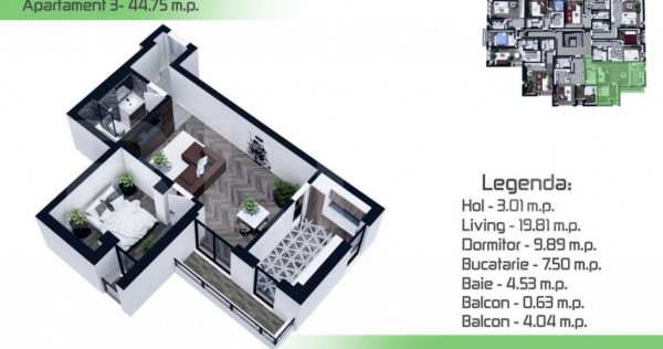 Apartament 2 camere, 44.60 mp, Manta Rosie- Hlincea