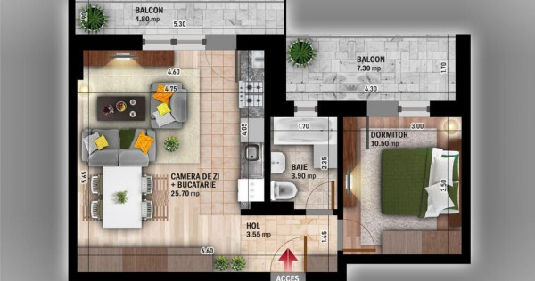 Apartament de 2 camere tip studio, decomandat, în zona T...