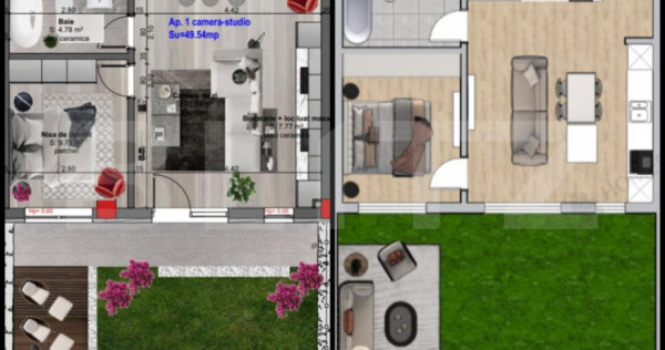 Apartament 2 camere, 50 mp, gradina 45 mp, garaj, zona Dumi