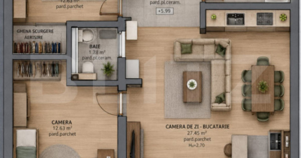 Apartament 3 camere, 69.50 mp, zona Tudor