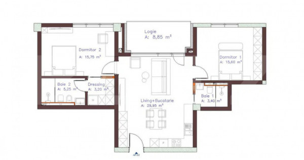 Apartament semifinisat, 3 camere, 2 băi, terasă și parcar