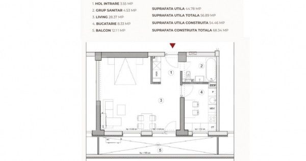 Studio, 56.89 mp, ansamblu cu 0% Comision la Achiziție, zon