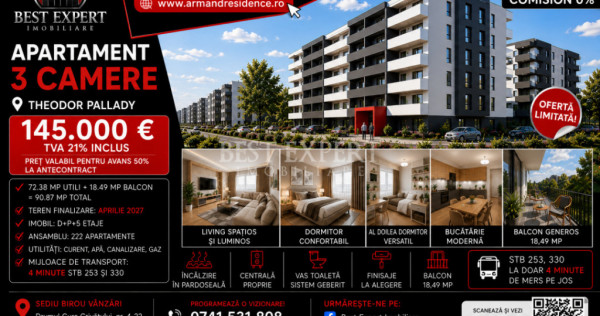 3 Camere| &Icirc;ncălzire &icirc;n Pardoseala| La avans 15% Discount