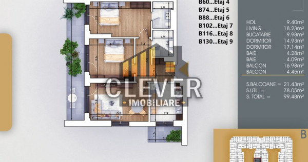 3 Camere | 99,5 mp | 2 Balcoane 21,4 mp | Pallady | Comis...