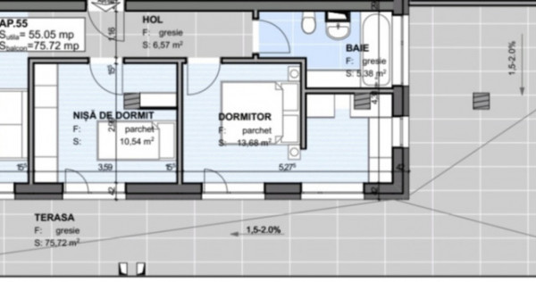 Apartament 3 camere 55.5 mp, Terasa 75.72 mp Semifinisat, Es