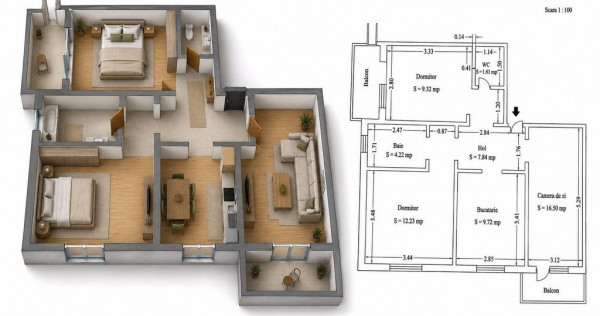 Apartament T&Acirc;RGU CUCU | 3 camere, semidecomandat, 68 mp ...