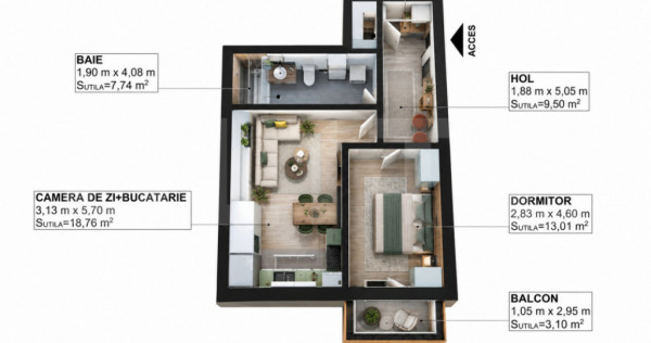 Apartament 2 camere, 50,82 mp, balcon