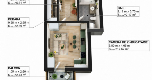Apartament 1 cameră, 33,04 mp, balcon și debara