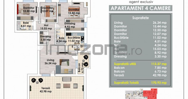 Apartament cu 4 Camere | Terasa | 3 Dormitoare | Living S...