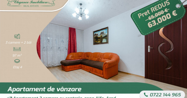 Apartament 3 camere cu centrala, zona Alfa Arad