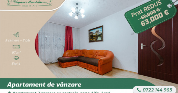 Apartament 3 camere cu centrala, zona Alfa Arad