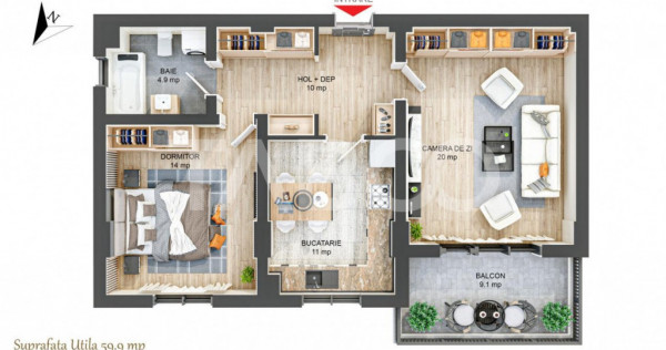 Apartament 60 mpu cu 2 camere decomandate si balcon 9 mp in