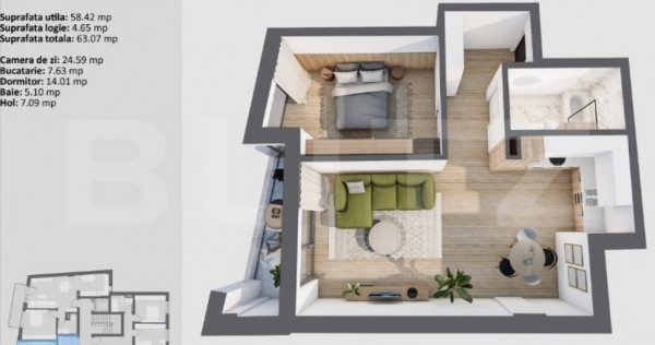 Apartament cu 2 camere, 58.42 mp, cu logie și finisaje prem