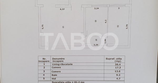 Apartament 3 camere decomandat 81 mp utili + terasa 17 mp no