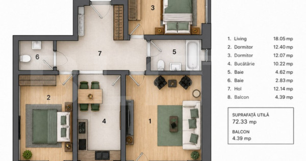 Apartament 3 camere, 2 bai , 72 mp + 4 mp terasa
