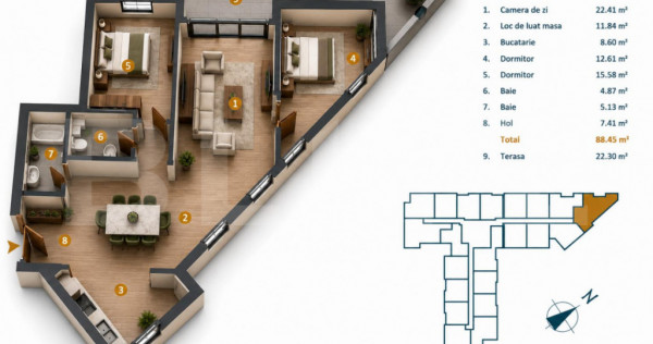 Apartament 3 camere, 88,2 mp, bloc nou cu CF, terasa 30,3 mp