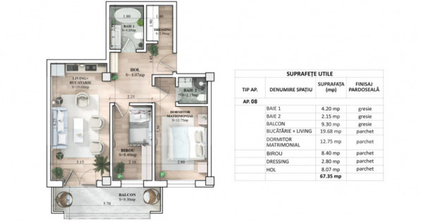 Apartament 3 camere, 67.35 mp, zona Galata