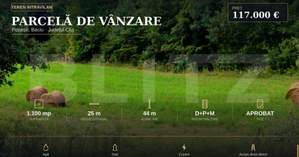 Teren intravilan, 1100 mp, front 25 m, zona Popești